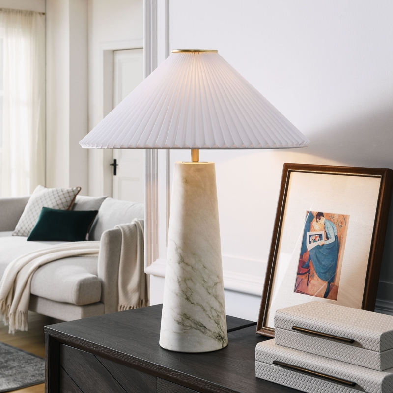 Table Lamp White Marble Base Gold Accent Ring Drum Shade Modern Glam