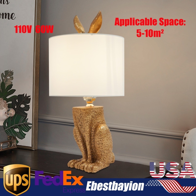 Table Lamp: White Resin Rabbit Base with Blue Pleated Shade, Modern Style.