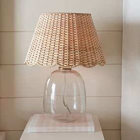 Table Lamp: White Urn Base, Woven Scalloped Shade, Coastal Bedroom Decor