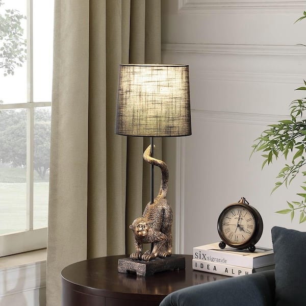 Table Lamp with Antique Bronze Monkey Sculpture Base and Bell Shade.