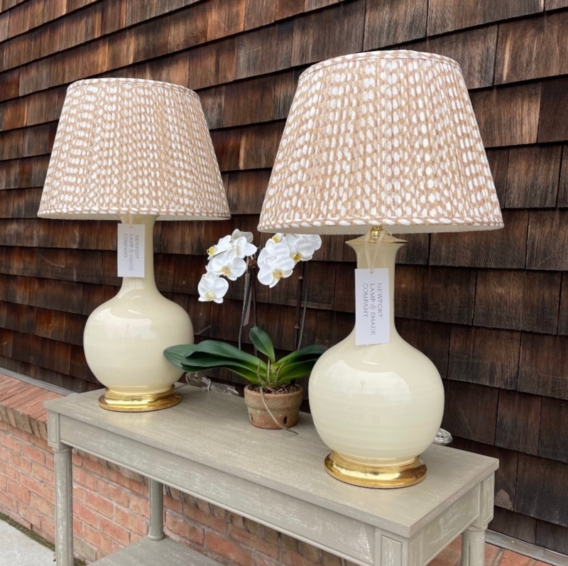 Table Lamp with Blue Block Print Shade Ribbed Ceramic Base
