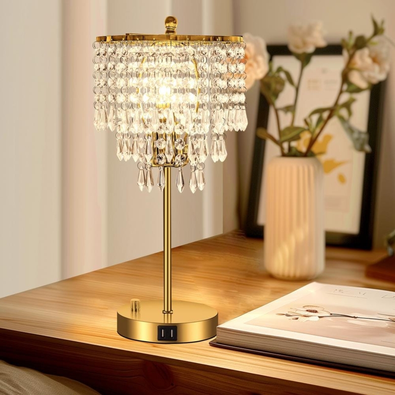 Table Lamp with Clear Crystal Pillar Body and Dual USB Charging