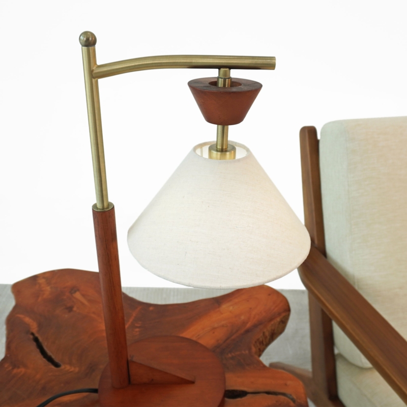 Table Lamp with Conical Shade, Tapered Dark Wood Base Mid-Century