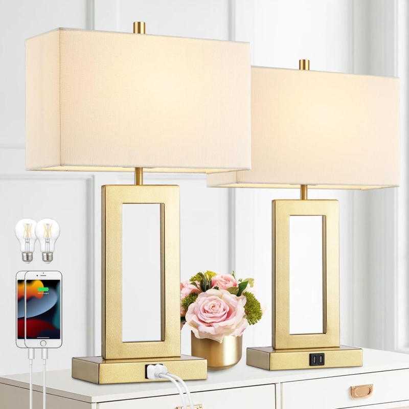 Table Lamp with Cylindrical Body and Dual USB Ports for Bedside