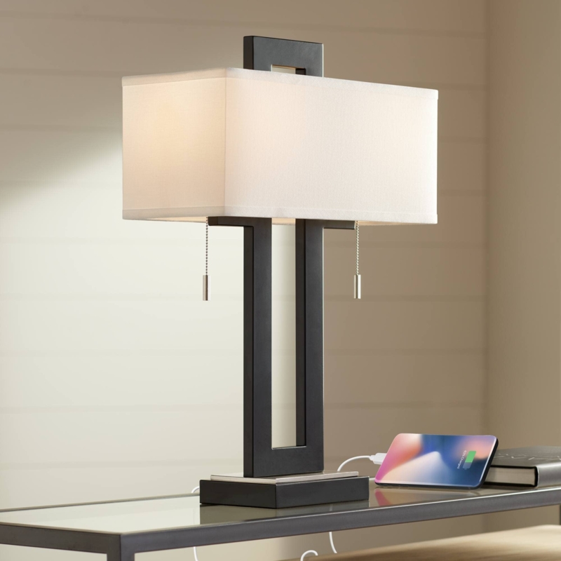 Table Lamp with Dual Charging Ports, Black Metal & White Fabric Shade.