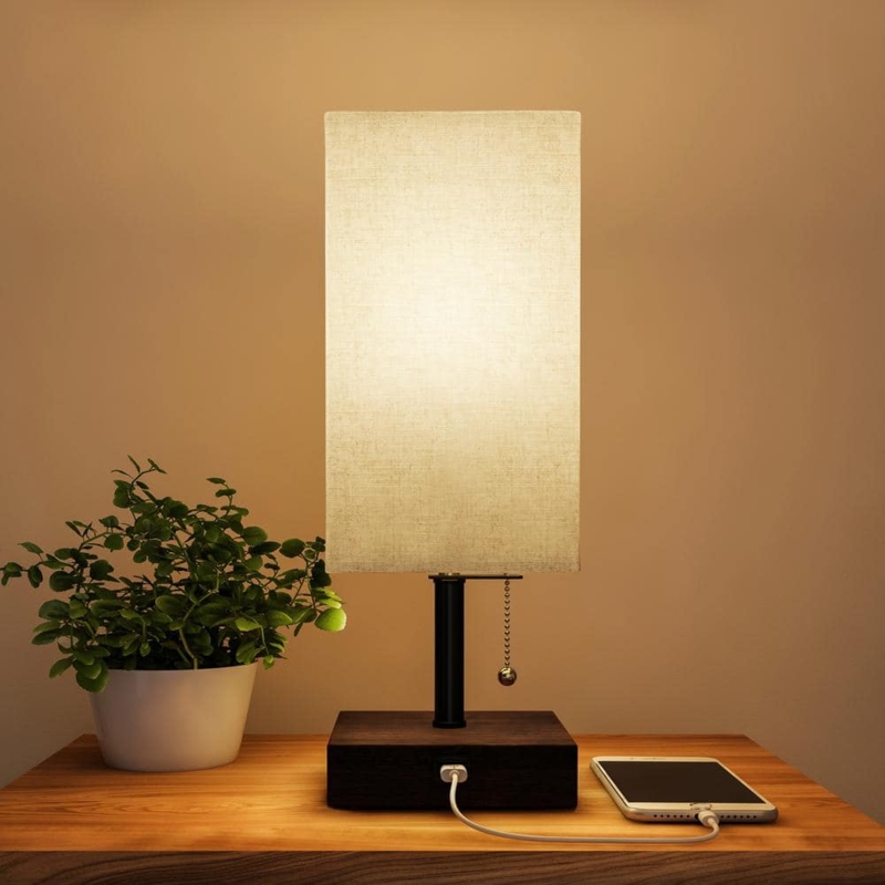 Table Lamp with Espresso Finish Wood Base and USB Port.