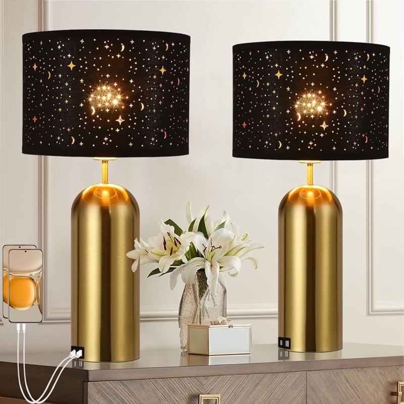 Table Lamp with Geometric Cage Base and Black Drum Shade Styling