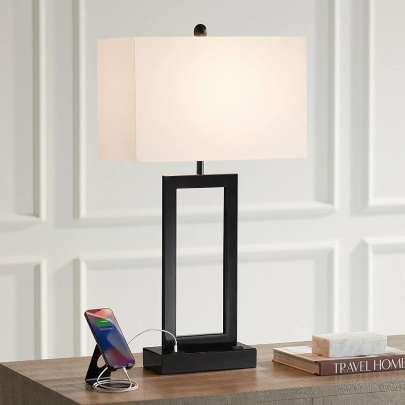 Table Lamp with Integrated AC Outlet, Black Metal & White Shade.