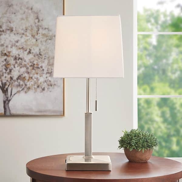 Table Lamp with Integrated Outlet, Brushed Nickel and White Drum Shade