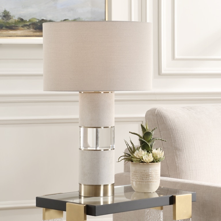 Table Lamp with Pitted Charcoal Urn Base and Linen Drum Shade.