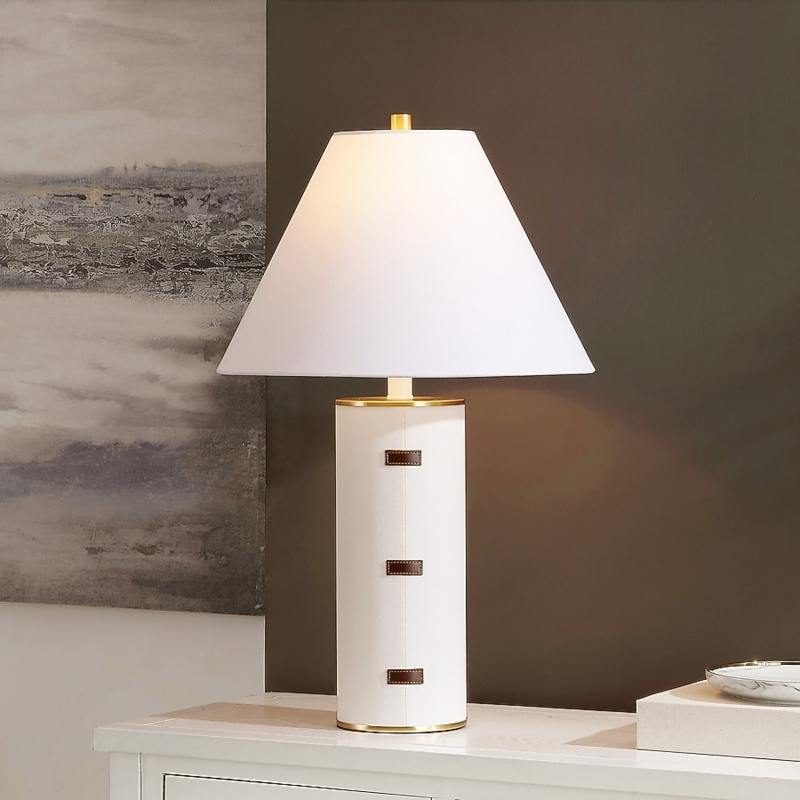 Table Lamp with Quilted White Body and Gold Accents for Modern Glam
