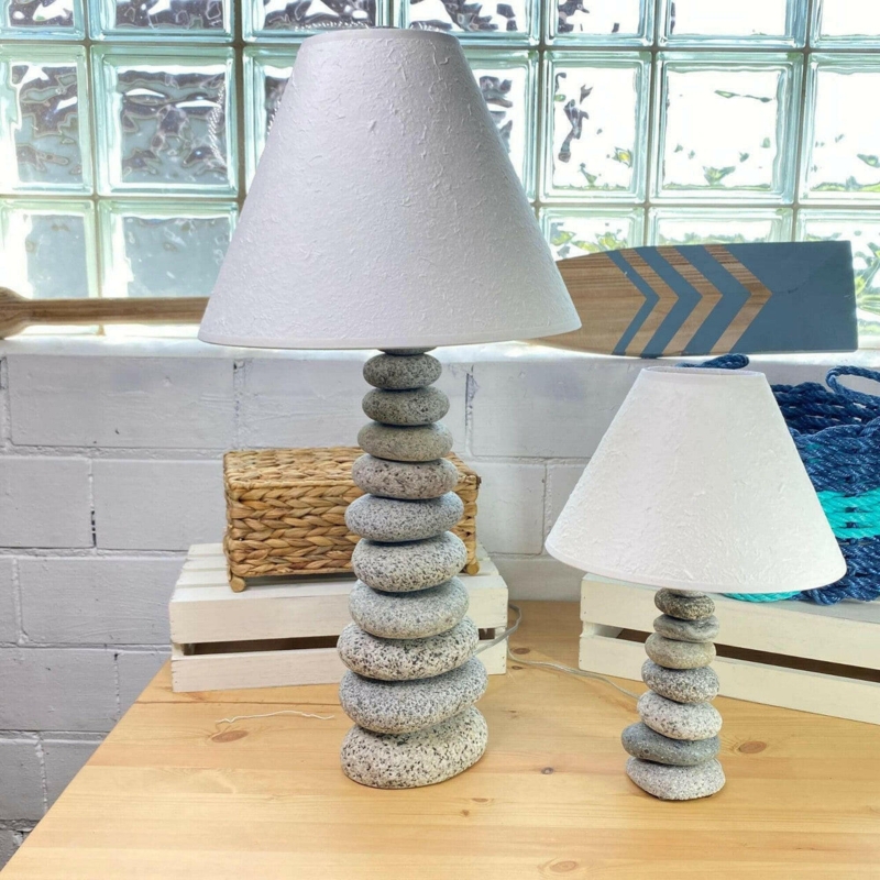 Table Lamp with River Rocks and Organic Texture, Handcrafted River Rock Lamp