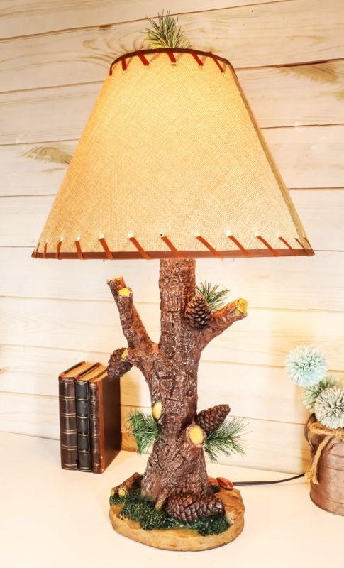 Table Lamp with Sculpted Pine Base and Realistic Bark Texture