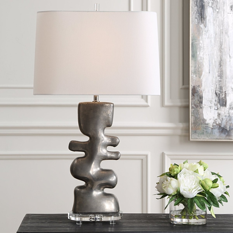 Table Lamp with Sculptural Wavy Base and Rectangular Shade