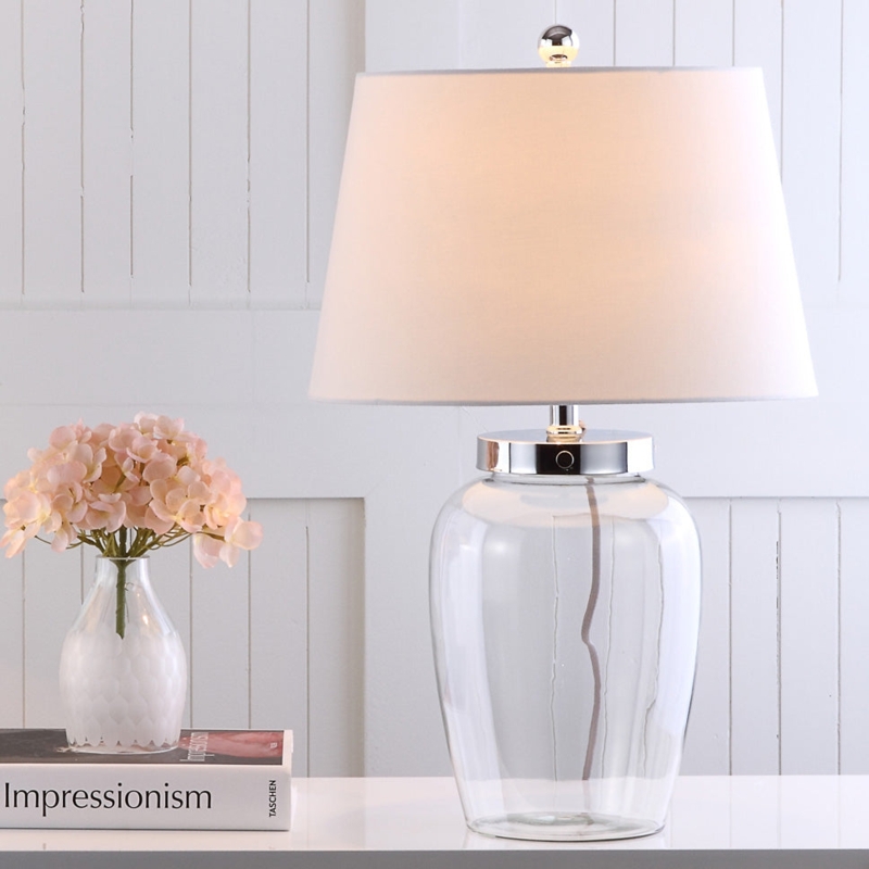Table Lamp with Tapered Drum Shade, Clear Fillable Glass and Polished Metal