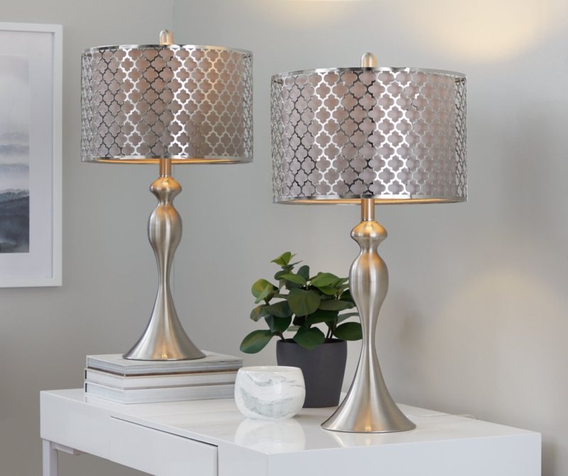 Table Lamp with Textured Drum Shade, Modern Brushed Nickel Desk Lighting