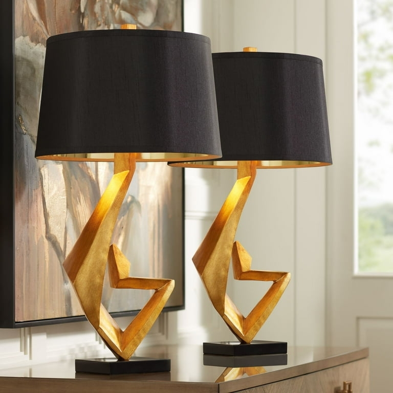 Table Lamp with Textured Gold Leaf Base and Black Rectangular Shade