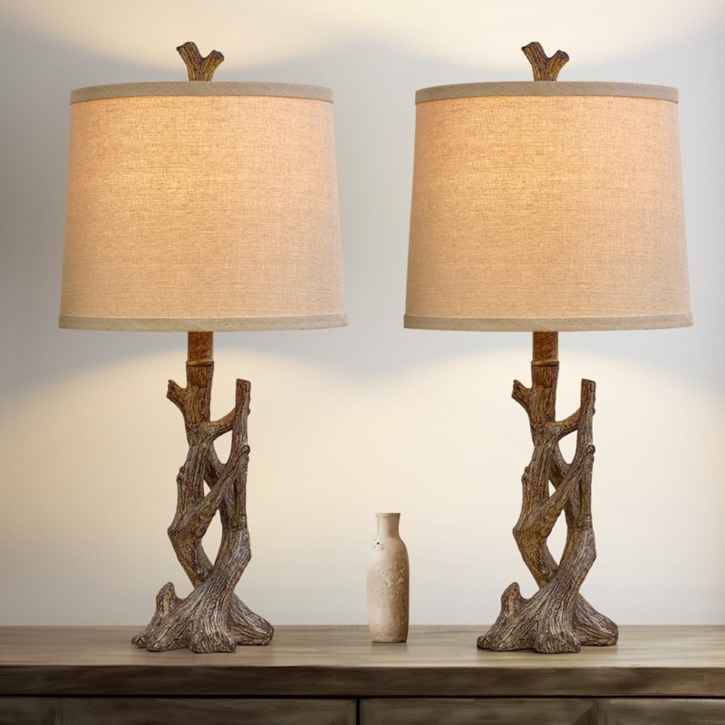 Table Lamp with Tree Trunk Base, Bark Texture, and Oatmeal Shade