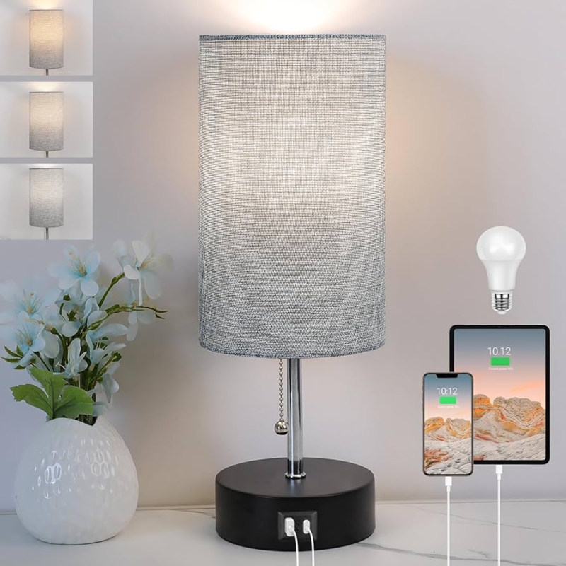 Table Lamp with USB C Port Wood Toned Base Grey Shade