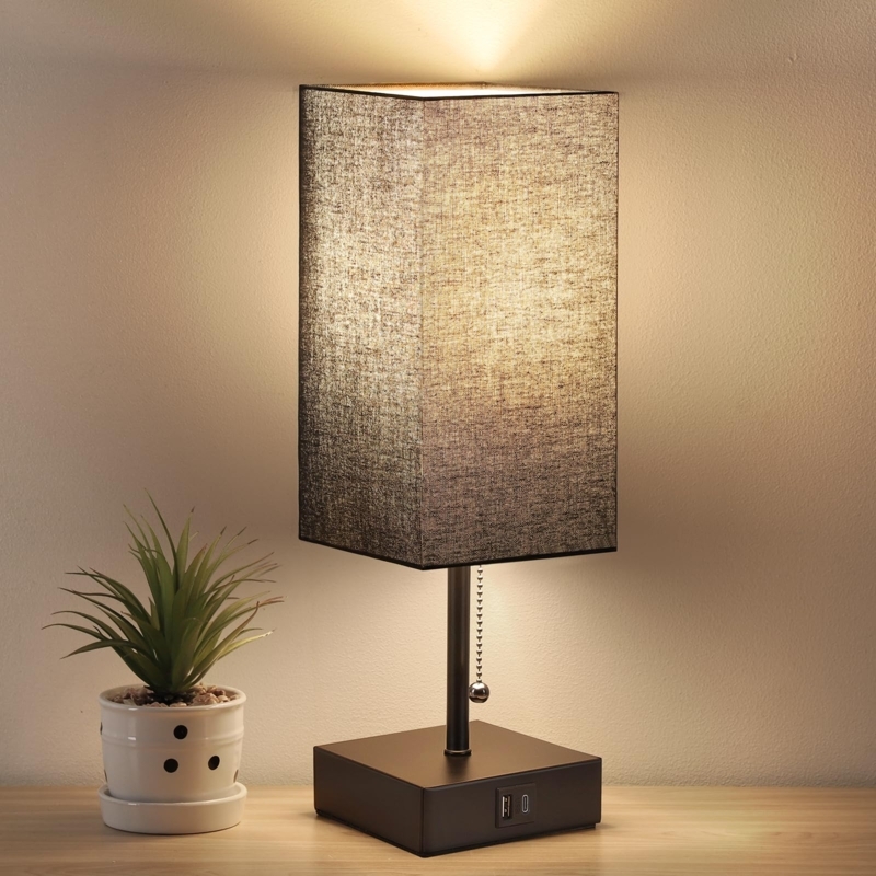 Table Lamp with USB Ports and Black Linen Shade for Cozy Bedroom