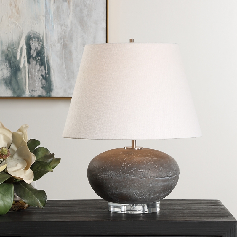 Table Lamp with Vertical Carving and Brass Accents, Ribbed Gray Lamp Base