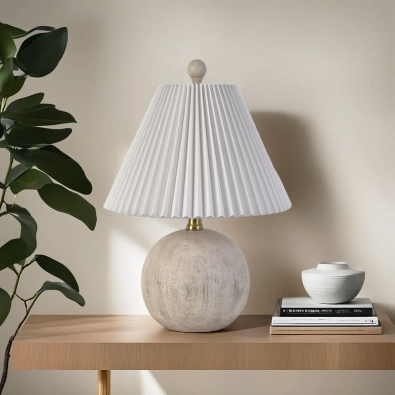 Table Lamp with White Woodgrain Texture Base and Linen Drum Shade