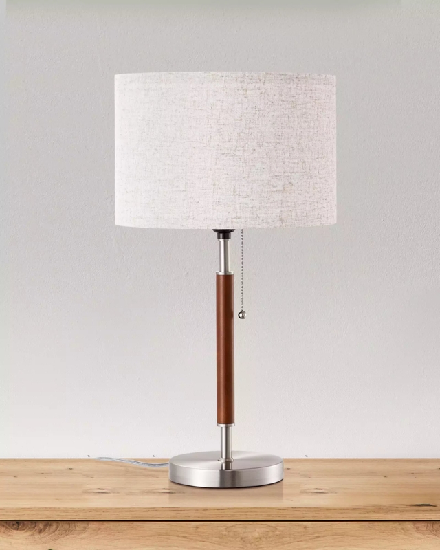 Table Lamp Wood Base Lamp with Pull Chain, Tapered Stem and White Shade