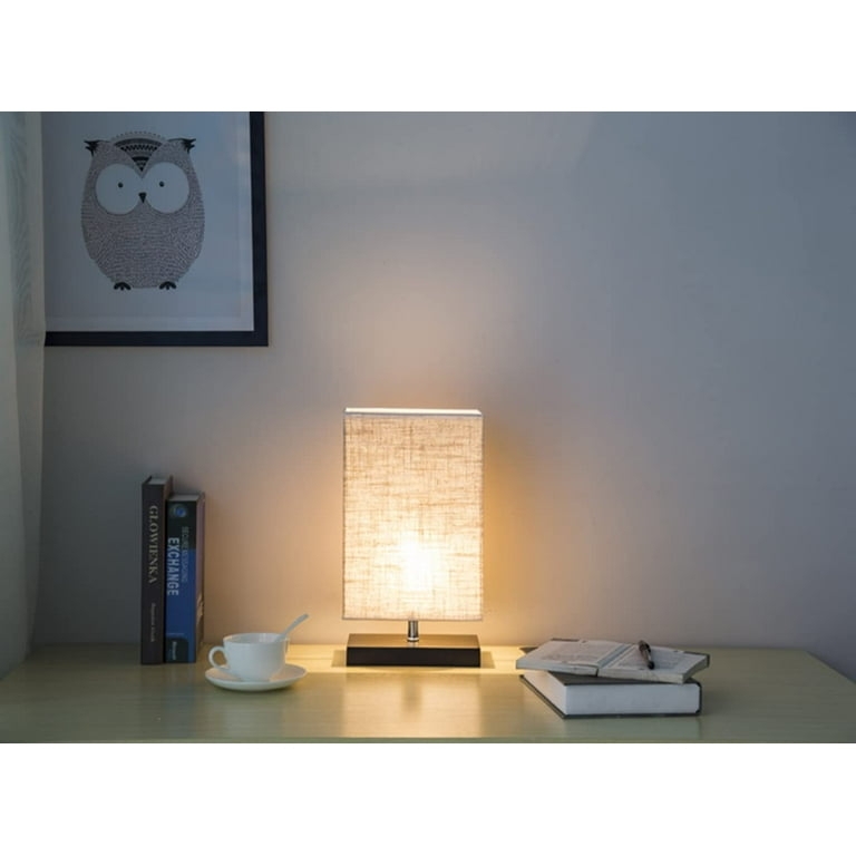 Table Lamp Wood Block Base Rectangular Flaxen Shade Dimmable Bedside