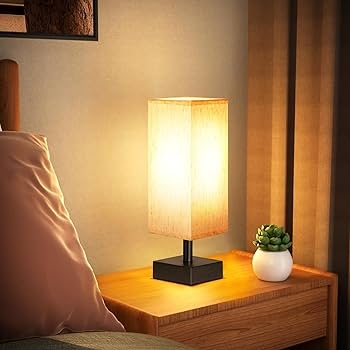 Table Lamp Wood Block Base Square Shade Compact Reading Light Minimalist