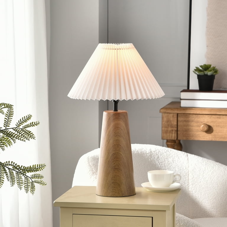 Table Lamp Wood Grain Cylindrical Base Pleated Shade Farmhouse Decor