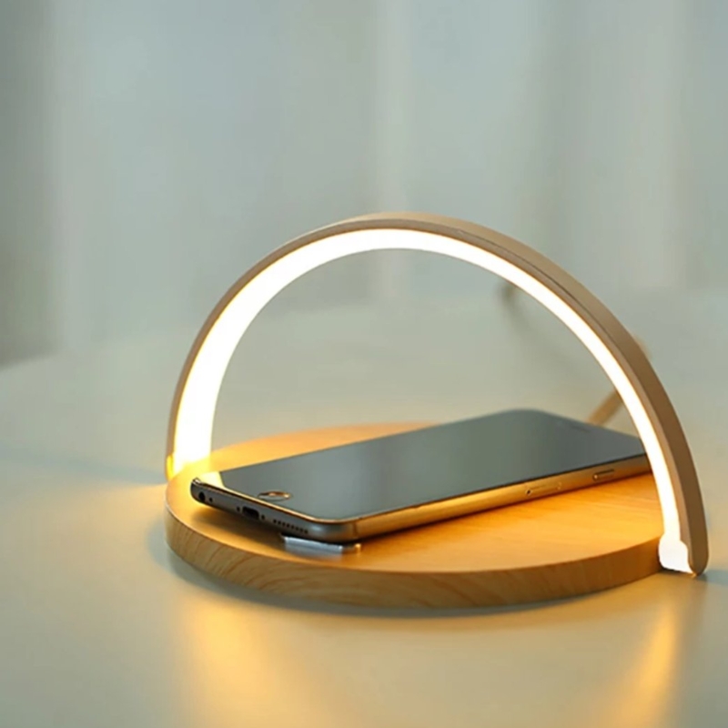 Table Lamp Wood Toned Arch Circular Silhouette Wireless Charging