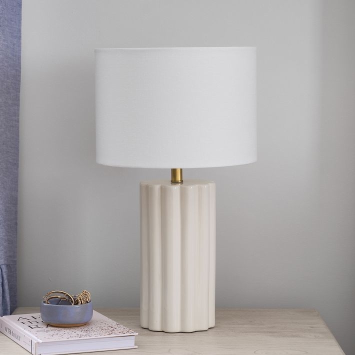 Table Lamp: Wood Tripod Base Scalloped Shade, Scandinavian Style Desk Lamp