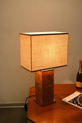 Table Lamp Woven Rattan Base Brass Trim Square Shade Mid Century Modern