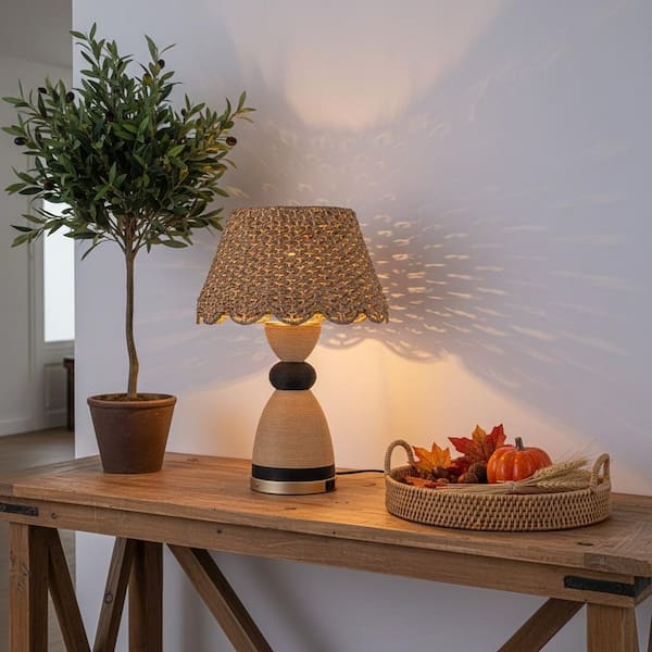 Table Lamp Woven Rattan Body Gold Base Integrated USB Coastal Boho