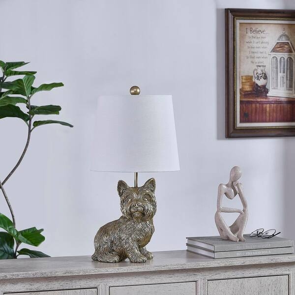Table Lamp Yorkie Dog Base Antiqued Gold Finish Shade