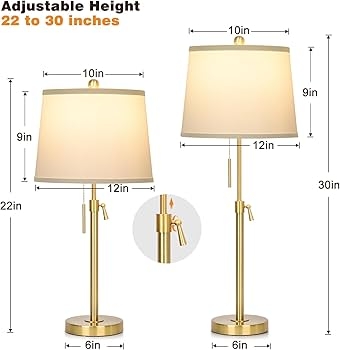 Table Lamps Pair Adjustable Height Gold Pull Chain