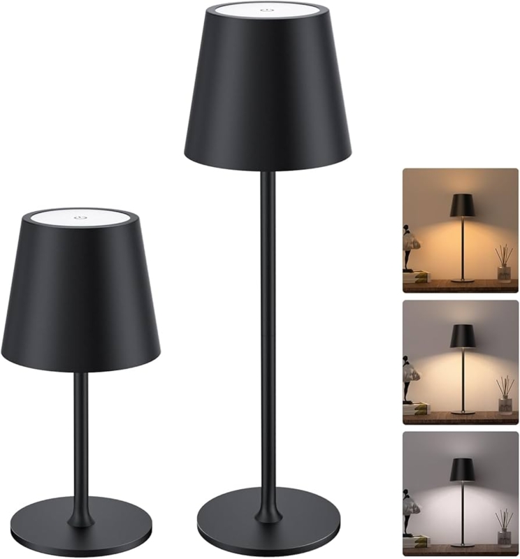 Table Lamps Pair Cordless Mushroom Silhouette Matte Black