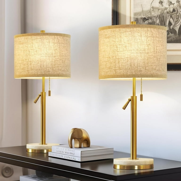 Table Lamps Pair Glam Marble Base Telescopic Neck Gold Finish