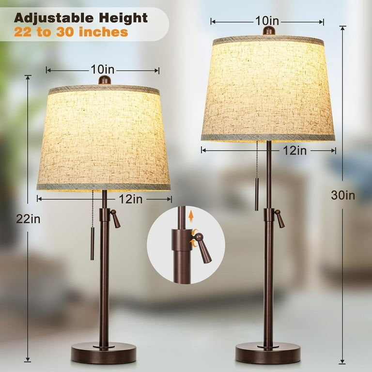 Table Lamps Pair Modern Wood-Toned Base Adjustable Height Fabric Shades