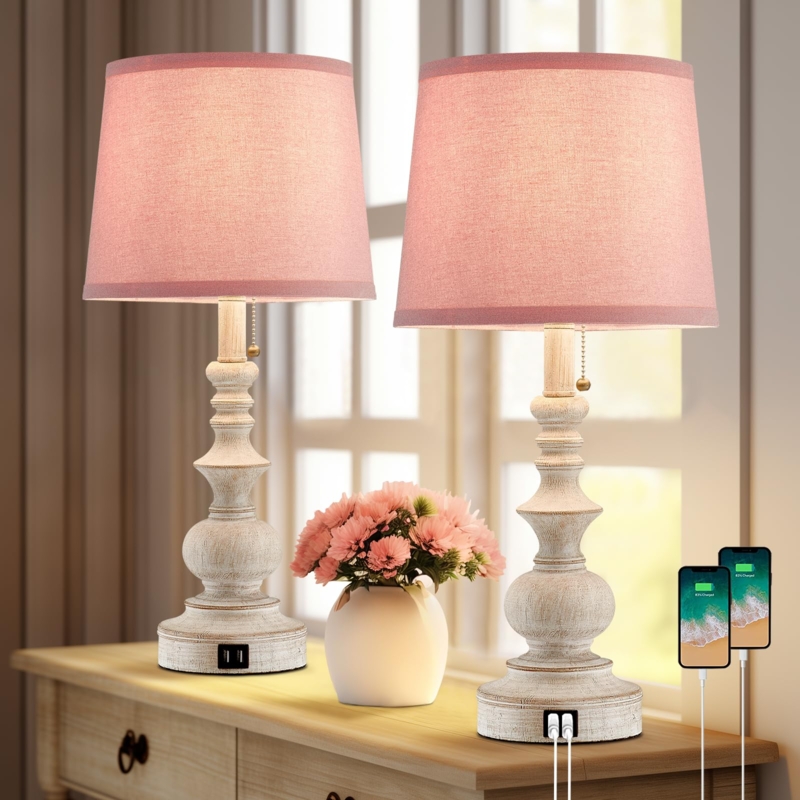 Table Lamps: Pair, Pink Pleated Shades, Distressed Base. Vintage Farmhouse.