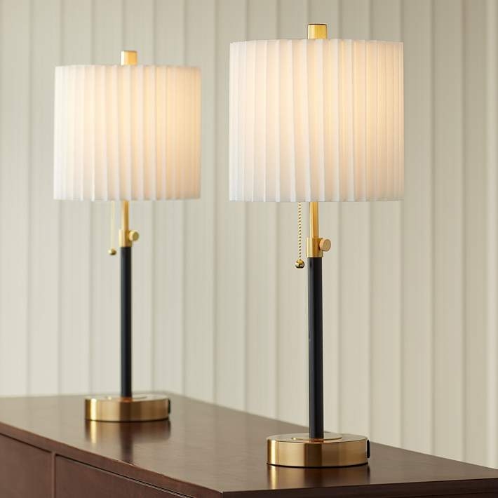 Table Lamps Set Black and Gold Contrast USB Port Adjustable Height