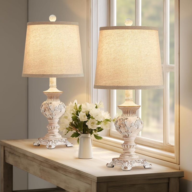 Table Lamps Set Distressed Whitewash Carved Floral Base Rustic