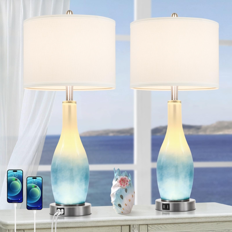 Table Lamps Set of 2 Blue Tinted Glass Brass Base USB Ports