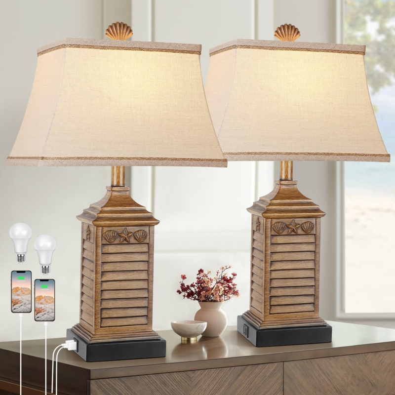 Table Lamps Set of 2 Botanical Leaf Relief Base USB Charging Ports