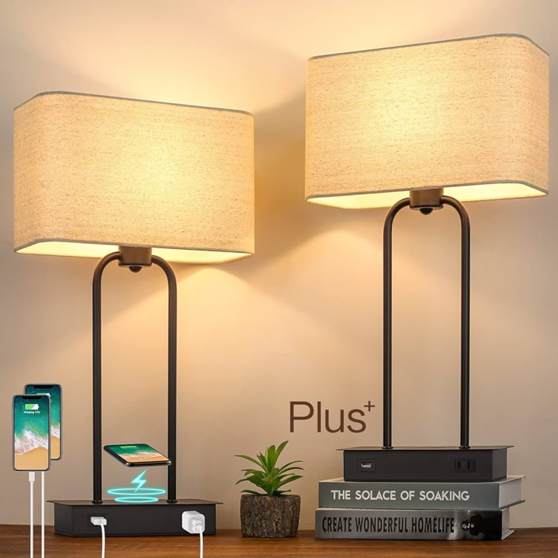 Table Lamps Set Of 2 Matte Black Finish Integrated Outlet