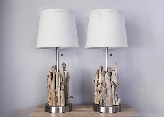 Table Lamps Set of 2 Natural Driftwood Base Weathered Finish