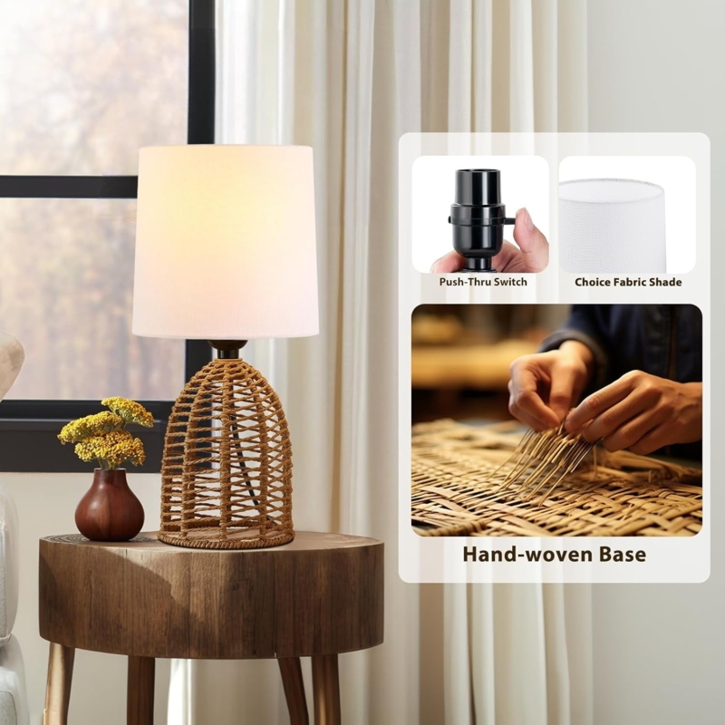 Table Lamps Set of 2 Rattan Shades on Black Tripod Legs, Boho Farmhouse