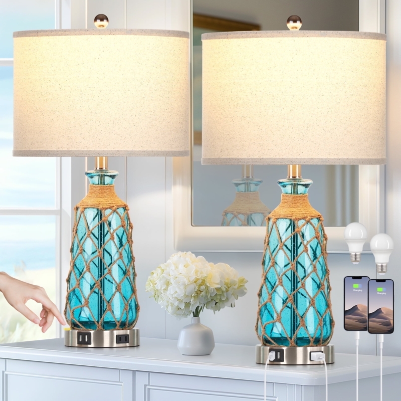Table Lamps Set of 2 Rope Filled Glass Jar Base Integrated USB