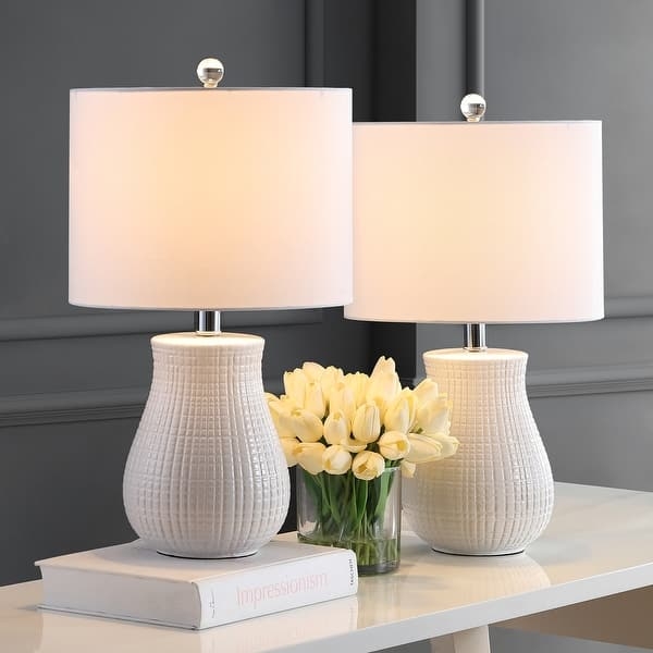 Table Lamps Set of 2 White Floral Relief Texture Ceramic Like Base