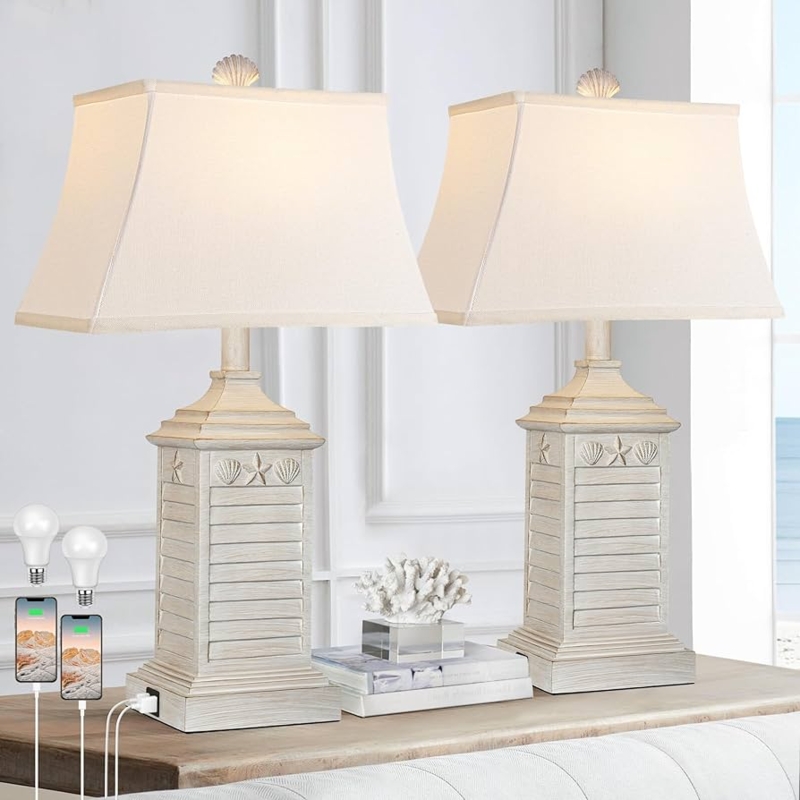 Table Lamps Set of 2 Whitewashed Palm Leaf Relief USB Ports